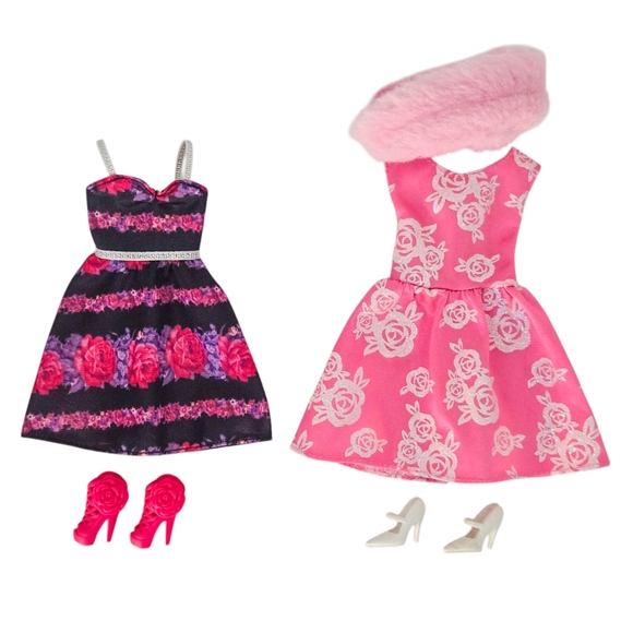 Barbie Pink Floral Party Dresses & Shoes (Set of 2)- Doll Outfit Clothes Lot - Picture 1 of 7